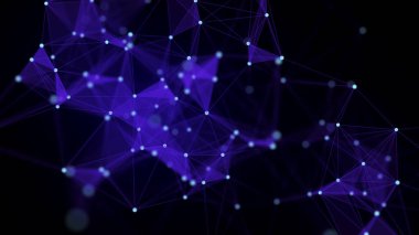 Bağlantı çizgileri, noktalar ve üçgenler olan mavi soyut bir arkaplan. Teknoloji ağı bağlantısı. Parçacıkların dijital yapısı. 3B görüntüleme.