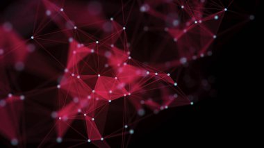 Bağlantı çizgileri, noktalar ve üçgenler olan kırmızı soyut arkaplan. Teknoloji ağı bağlantısı. Parçacıkların dijital yapısı. 3B görüntüleme.