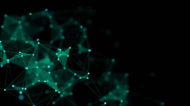 Bağlantı çizgileri, noktalar ve üçgenler olan yeşil soyut bir arkaplan. Teknoloji ağı bağlantısı. Parçacıkların dijital yapısı. 3B görüntüleme.
