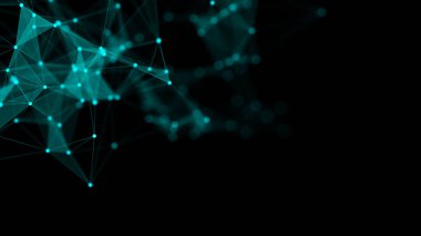 Bağlantı çizgileri, noktalar ve üçgenler olan mavi soyut bir arkaplan. Teknoloji ağı bağlantısı. Parçacıkların dijital yapısı. 3B görüntüleme.