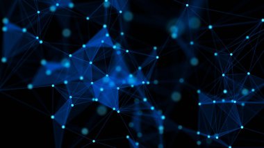 Bağlantı çizgileri, noktalar ve üçgenler olan mavi soyut bir arkaplan. Teknoloji ağı bağlantısı. Parçacıkların dijital yapısı. 3B görüntüleme.