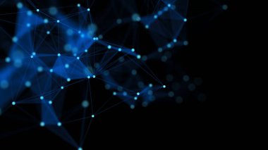Bağlantı çizgileri, noktalar ve üçgenler olan mavi soyut bir arkaplan. Teknoloji ağı bağlantısı. Parçacıkların dijital yapısı. 3B görüntüleme.