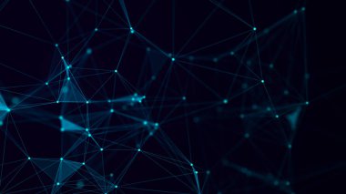 Bağlantı çizgileri, noktalar ve üçgenler olan mavi soyut bir arkaplan. Teknoloji ağı bağlantısı. Parçacıkların dijital yapısı. 3B görüntüleme.