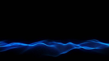Siyah zemin üzerinde mavi ışık olan soyut dalga. Hareketli noktalı bilim geçmişi. Ağ bağlantısı teknolojisi. Parçacıklı dijital yapı. 3d oluşturma.