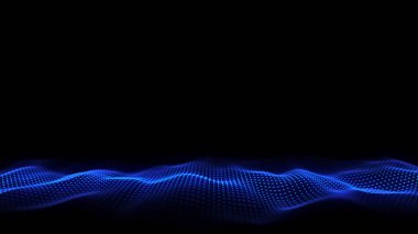 Siyah zemin üzerinde mavi ışık olan soyut dalga. Hareketli noktalı bilim geçmişi. Ağ bağlantısı teknolojisi. Parçacıklı dijital yapı. 3d oluşturma.