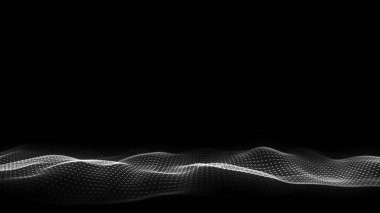 Siyah zemin üzerinde ışık olan soyut dalga. Hareketli noktalı bilim geçmişi. Ağ bağlantısı teknolojisi. Parçacıklı dijital yapı. 3d oluşturma.