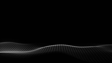 Siyah zemin üzerinde ışık olan soyut dalga. Hareketli noktalı bilim geçmişi. Ağ bağlantısı teknolojisi. Parçacıklı dijital yapı. 3d oluşturma.
