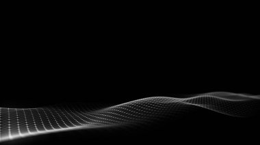 Siyah zemin üzerinde ışık olan soyut dalga. Hareketli noktalı bilim geçmişi. Ağ bağlantısı teknolojisi. Parçacıklı dijital yapı. 3d oluşturma.