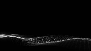 Siyah zemin üzerinde ışık olan soyut dalga. Hareketli noktalı bilim geçmişi. Ağ bağlantısı teknolojisi. Parçacıklı dijital yapı. 3d oluşturma.