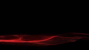 Siyah zemin üzerinde kırmızı ışık bulunan soyut dalga. Hareketli noktalı bilim geçmişi. Ağ bağlantısı teknolojisi. Parçacıklı dijital yapı. 3d oluşturma.