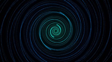 Siyah arka planda mavi ışığı olan soyut bükülmüş daire hız tüneli. Noktalar ve çizgiler spiral şeklinde hareket eden bilim geçmişi. Solucan deliği teknolojisi. Parçacıklı dijital yapı. 3d oluşturma
