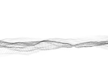 Siyah noktalı soyut dalga ve beyaz arkaplanda çizgiler. Hareketli noktalı bilim geçmişi. Ağ bağlantısı teknolojisi. Parçacıklı dijital yapı. 3d oluşturma.