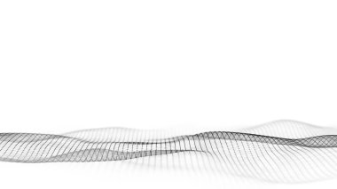 Siyah noktalı soyut dalga ve beyaz arkaplanda çizgiler. Hareketli noktalı bilim geçmişi. Ağ bağlantısı teknolojisi. Parçacıklı dijital yapı. 3d oluşturma.