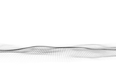 Siyah noktalı soyut dalga ve beyaz arkaplanda çizgiler. Hareketli noktalı bilim geçmişi. Ağ bağlantısı teknolojisi. Parçacıklı dijital yapı. 3d oluşturma.