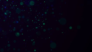 Koyu arkaplanda yeşil ışık olan soyut toz parçacıkları. Hareket eden parlak noktalı bilim arkaplanı. Etkili uçan parçacıklar bokeh. 3d oluşturma.