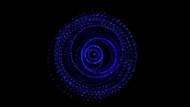 Siyah arkaplanda soyut mavi küre. Parlayan parçacıkları olan tel çerçeveli daire yapısı. Fütürist dijital illüstrasyon. 3B görüntüleme.