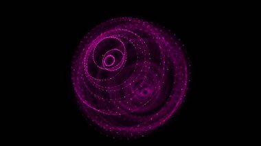 Siyah arka planda soyut pembe küre. Parlayan parçacıkları olan tel çerçeveli daire yapısı. Fütürist dijital illüstrasyon. 3B görüntüleme.