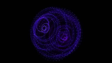 Siyah arkaplanda soyut mavi küre. Parlayan parçacıkları olan tel çerçeveli daire yapısı. Fütürist dijital illüstrasyon. 3B görüntüleme.