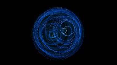 Siyah arkaplanda soyut mavi küre. Parlayan parçacıkları olan tel çerçeveli daire yapısı. Fütürist dijital illüstrasyon. 3B görüntüleme.