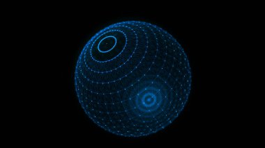 Siyah arkaplanda soyut mavi küre. Parlayan parçacıkları olan tel çerçeveli daire yapısı. Fütürist dijital illüstrasyon. 3B görüntüleme.