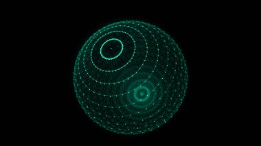 Siyah arkaplanda soyut yeşil küre. Parlayan parçacıkları olan tel çerçeveli daire yapısı. Fütürist dijital illüstrasyon. 3B görüntüleme.