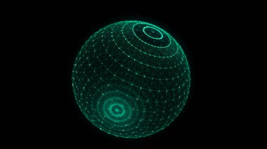 Siyah arkaplanda soyut yeşil küre. Parlayan parçacıkları olan tel çerçeveli daire yapısı. Fütürist dijital illüstrasyon. 3B görüntüleme.