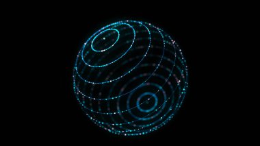 Siyah arkaplanda soyut mavi küre. Parlayan parçacıkları olan tel çerçeveli daire yapısı. Fütürist dijital illüstrasyon. 3B görüntüleme.