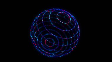 Siyah arkaplanda soyut mavi küre. Parlayan parçacıkları olan tel çerçeveli daire yapısı. Fütürist dijital illüstrasyon. 3B görüntüleme.