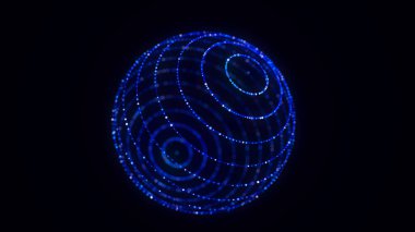 Siyah arkaplanda soyut mavi küre. Parlayan parçacıkları olan tel çerçeveli daire yapısı. Fütürist dijital illüstrasyon. 3B görüntüleme.