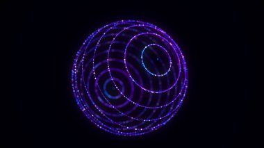 Siyah arkaplanda soyut mavi küre. Parlayan parçacıkları olan tel çerçeveli daire yapısı. Fütürist dijital illüstrasyon. 3B görüntüleme.