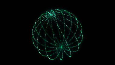 Siyah arkaplanda soyut yeşil küre. Parlayan parçacıkları olan tel çerçeveli daire yapısı. Fütürist dijital illüstrasyon. 3B görüntüleme.