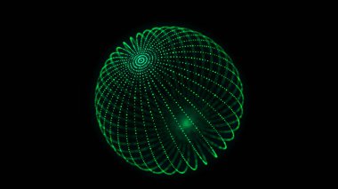 Siyah arkaplanda soyut yeşil küre. Parlayan parçacıkları olan tel çerçeveli daire yapısı. Fütürist dijital illüstrasyon. 3B görüntüleme.
