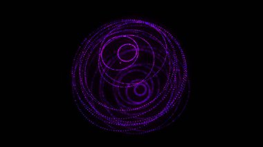 Siyah arka planda soyut pembe küre. Parlayan parçacıkları olan tel çerçeveli daire yapısı. Fütürist dijital illüstrasyon. 3B görüntüleme.