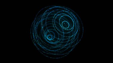 Siyah arkaplanda soyut mavi küre. Parlayan parçacıkları olan tel çerçeveli daire yapısı. Fütürist dijital illüstrasyon. 3B görüntüleme.