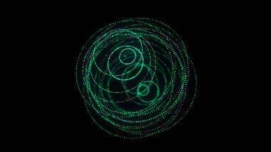 Siyah arkaplanda soyut yeşil küre. Parlayan parçacıkları olan tel çerçeveli daire yapısı. Fütürist dijital illüstrasyon. 3B görüntüleme.
