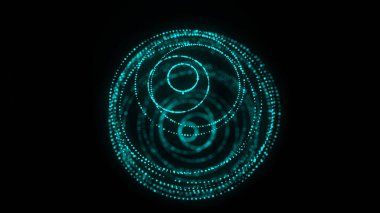 Siyah arkaplanda soyut mavi küre. Parlayan parçacıkları olan tel çerçeveli daire yapısı. Fütürist dijital illüstrasyon. 3B görüntüleme.