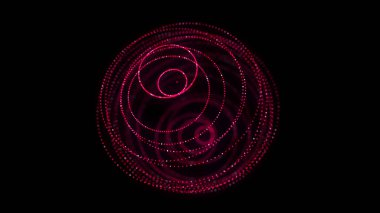 Siyah arka planda soyut pembe küre. Parlayan parçacıkları olan tel çerçeveli daire yapısı. Fütürist dijital illüstrasyon. 3B görüntüleme.