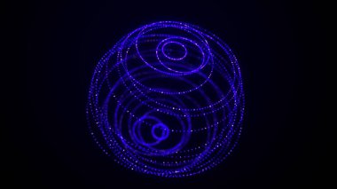 Siyah arkaplanda soyut mavi küre. Parlayan parçacıkları olan tel çerçeveli daire yapısı. Fütürist dijital illüstrasyon. 3B görüntüleme.