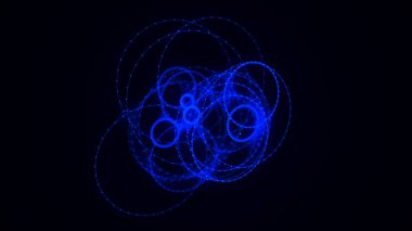 Siyah arkaplanda soyut mavi küre. Parlayan parçacıkları olan tel çerçeveli daire yapısı. Fütürist dijital illüstrasyon. 3B görüntüleme.