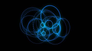 Siyah arkaplanda soyut mavi küre. Parlayan parçacıkları olan tel çerçeveli daire yapısı. Fütürist dijital illüstrasyon. 3B görüntüleme.