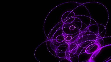 Siyah arkaplanda soyut mavi küre. Parlayan parçacıkları olan tel çerçeveli daire yapısı. Fütürist dijital illüstrasyon. 3B görüntüleme.