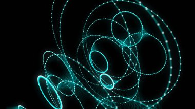 Siyah arkaplanda soyut mavi küre. Parlayan parçacıkları olan tel çerçeveli daire yapısı. Fütürist dijital illüstrasyon. 3B görüntüleme.