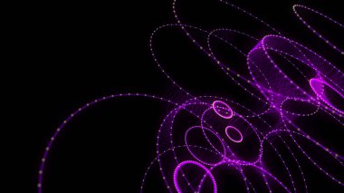 Siyah arka planda soyut pembe küre. Parlayan parçacıkları olan tel çerçeveli daire yapısı. Fütürist dijital illüstrasyon. 3B görüntüleme.