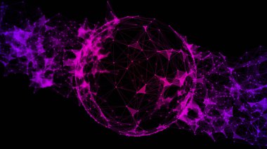 Siyah arka planda soyut pembe küre. Parlayan parçacıkları ve çizgileri olan tel çerçeveli daire yapısı. Fütürist dijital illüstrasyon. 3B görüntüleme.