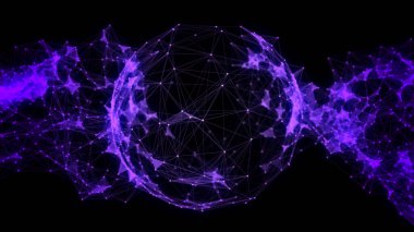 Siyah arkaplanda soyut mavi küre. Parlayan parçacıkları ve çizgileri olan tel çerçeveli daire yapısı. Fütürist dijital illüstrasyon. 3B görüntüleme.