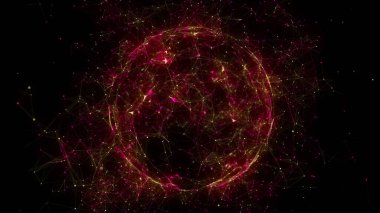 Siyah arka planda soyut ateş kırmızı küresi. Parlayan parçacıkları ve çizgileri olan tel çerçeveli daire yapısı. Fütürist dijital illüstrasyon. 3B görüntüleme.