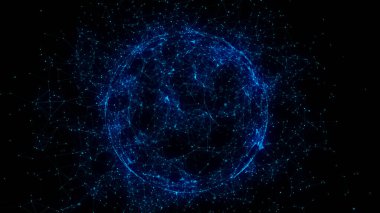 Siyah arkaplanda soyut mavi küre. Parlayan parçacıkları ve çizgileri olan tel çerçeveli daire yapısı. Fütürist dijital illüstrasyon. 3B görüntüleme.