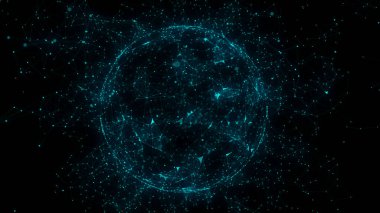 Siyah arkaplanda soyut mavi küre. Parlayan parçacıkları ve çizgileri olan tel çerçeveli daire yapısı. Fütürist dijital illüstrasyon. 3B görüntüleme.