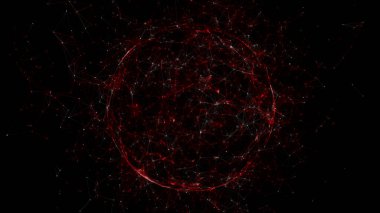 Siyah arka planda soyut ateş kırmızı küresi. Parlayan parçacıkları ve çizgileri olan tel çerçeveli daire yapısı. Fütürist dijital illüstrasyon. 3B görüntüleme.