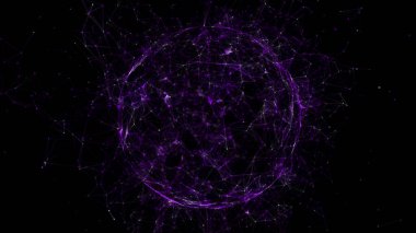 Siyah arkaplanda soyut mavi küre. Parlayan parçacıkları ve çizgileri olan tel çerçeveli daire yapısı. Fütürist dijital illüstrasyon. 3B görüntüleme.